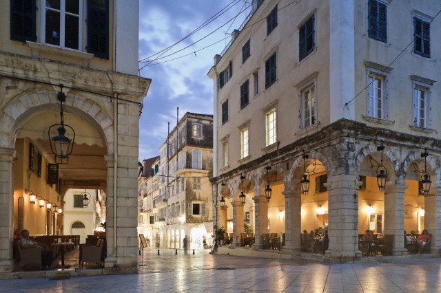 Cafes and Venetian architecture on the Liston in Corfu Town